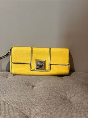 Banana Republic Yellow Textured Leather Wristlet Clutch with silver detail